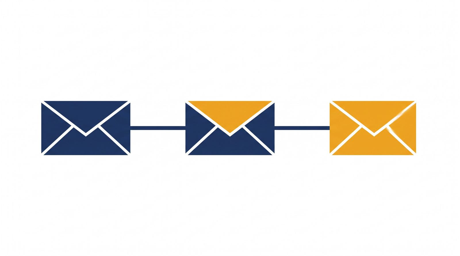 Editorial 3D illustration of three envelopes spaced along a timeline, each slightly brighter, representing a short automated email sequence