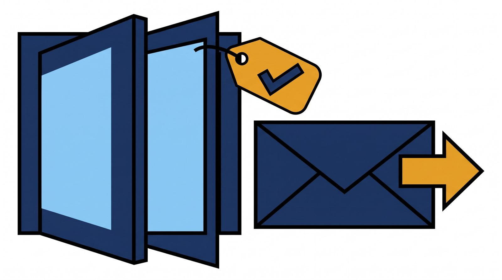 Editorial 3D illustration of an open door with a tick tag and an envelope with an easy exit handle, symbolising consent and a one-click unsubscribe