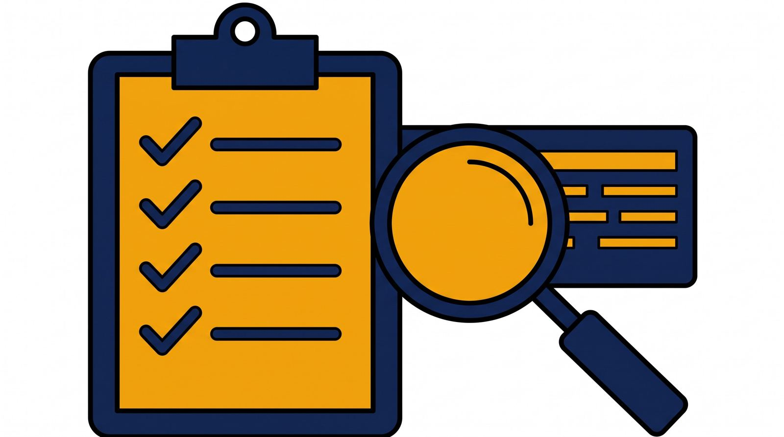 Editorial 3D illustration of a clipboard checklist with four ticks beside a magnifying glass over a customer email list
