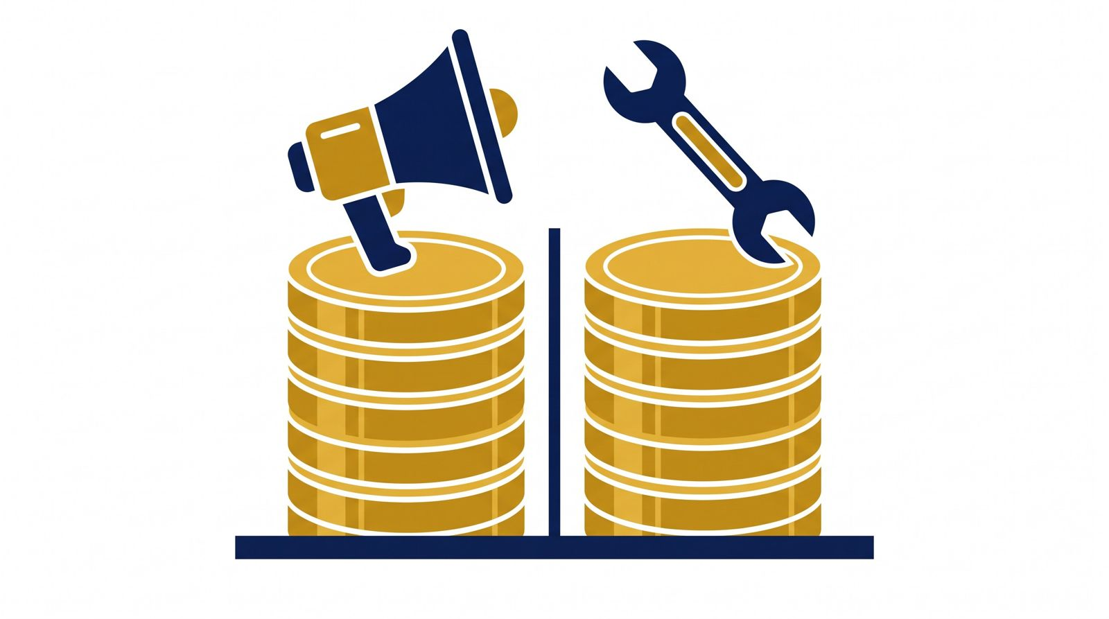 Editorial 3D illustration of a stack of coins split into two glowing columns, one for ad spend paid to Google and one for the agency management fee