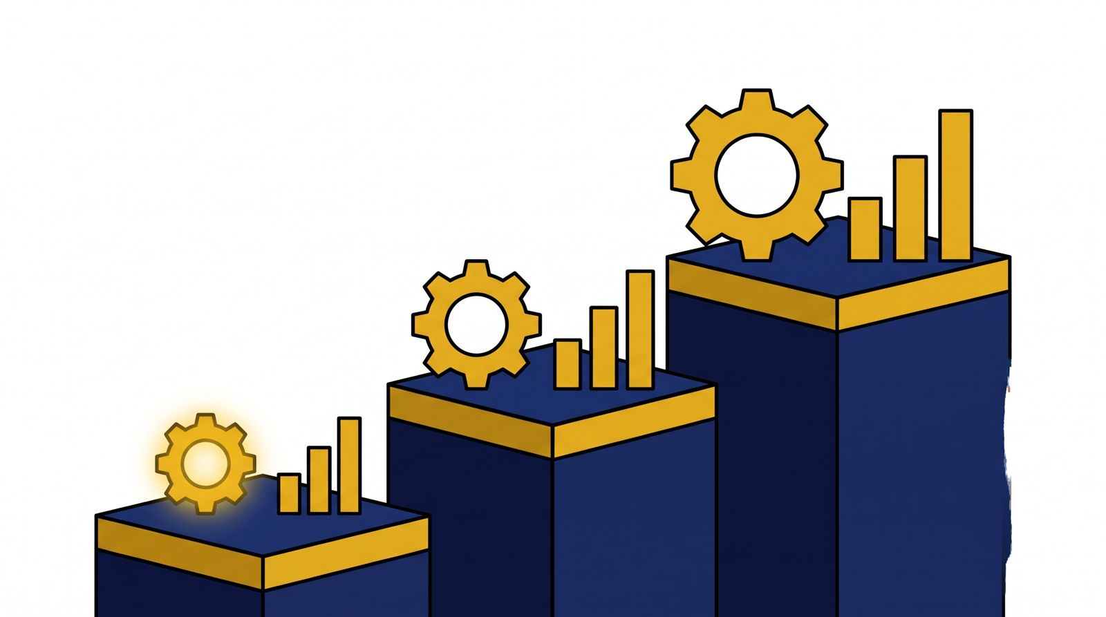 Editorial 3D illustration of three stepped platforms rising left to right, each carrying a larger glowing gear and chart