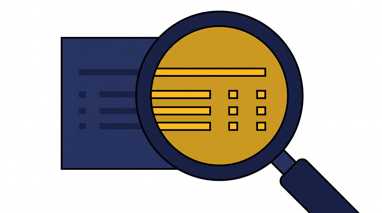 Editorial 3D illustration of a magnifying glass over an invoice with some line items highlighted in gold and others faded
