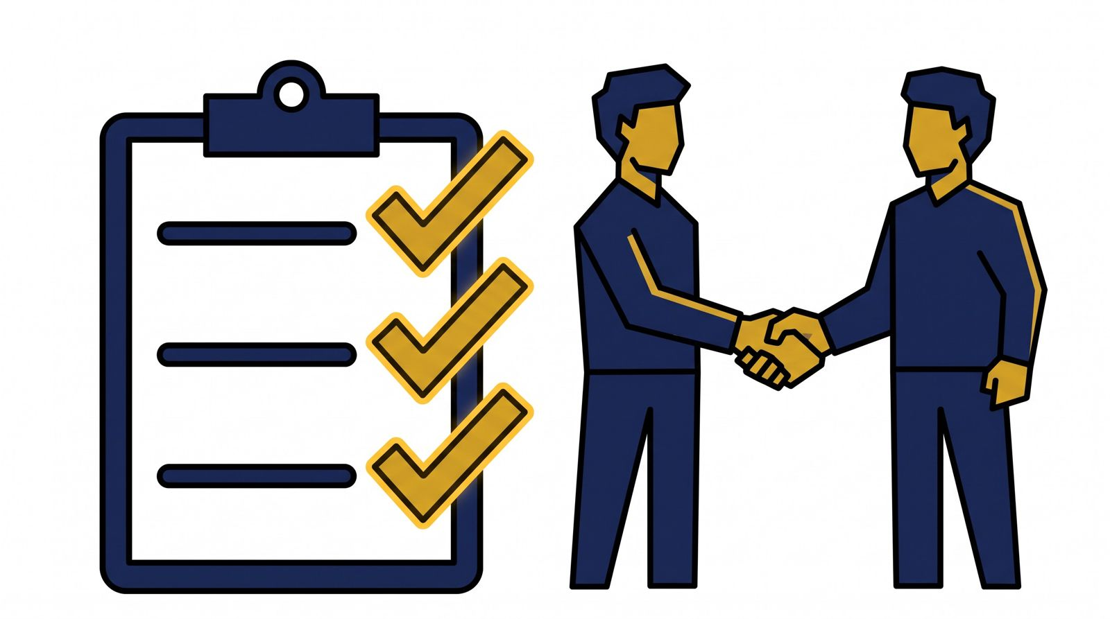 Editorial 3D illustration of a clipboard checklist with gold ticks beside a handshake between two figures