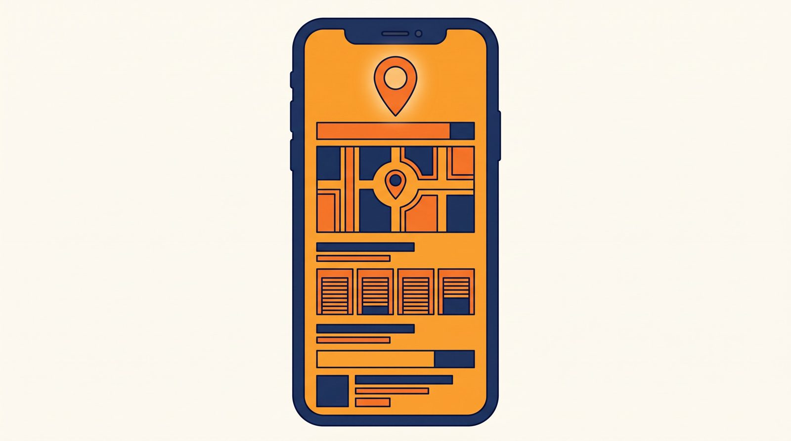 Editorial 3D illustration of a row of storage unit roller doors with a glowing map pin and search bar floating above, representing a customer searching for storage nearby