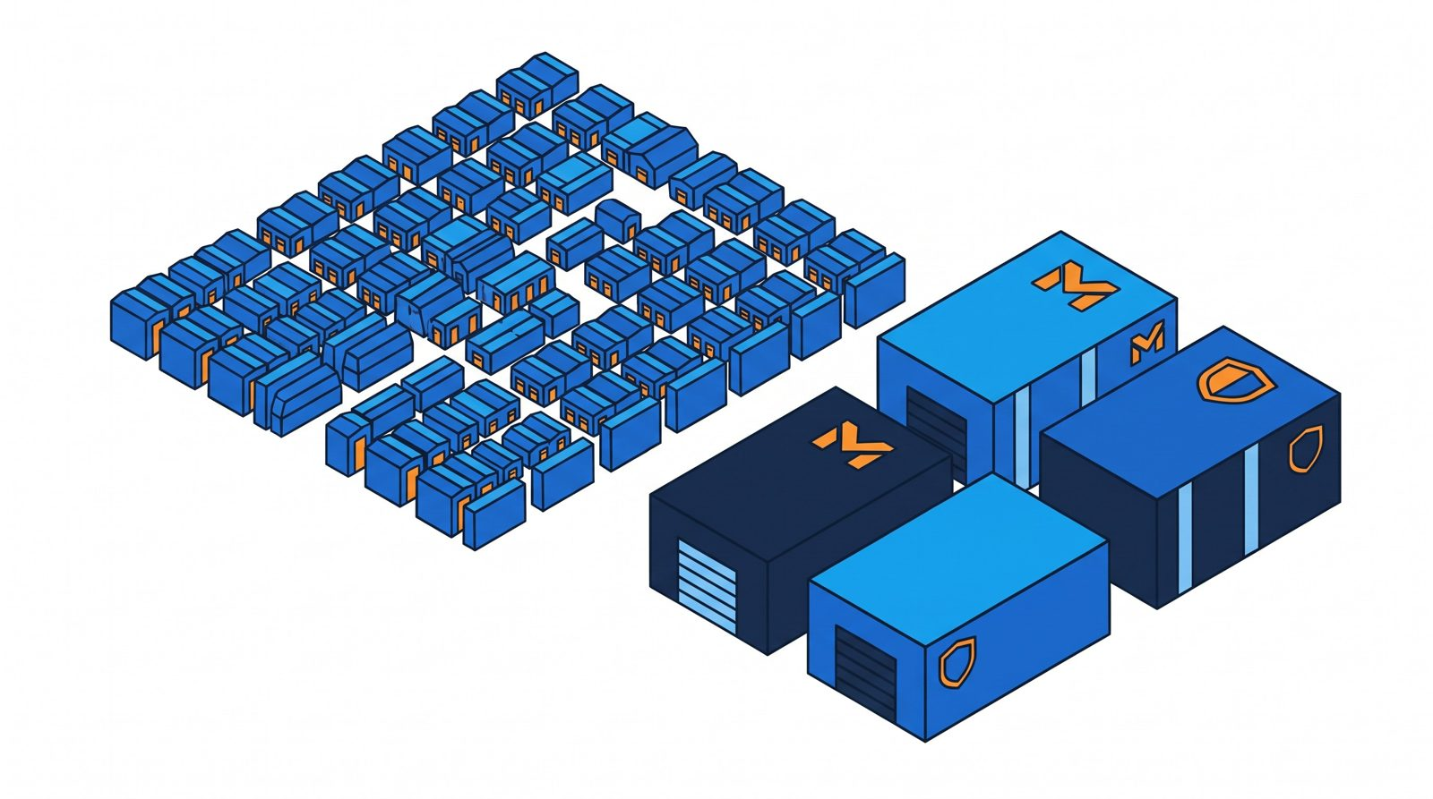 Illustration of four large storage buildings beside a sprawling cluster of many small storage units, showing that independent operators hold just over half of the New Zealand market
