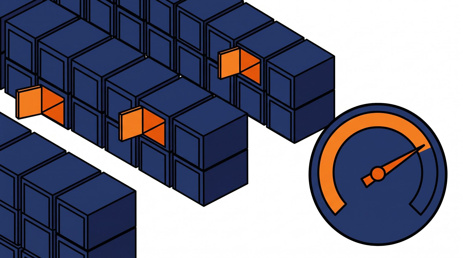 Illustration of an occupancy dial reading around 82 percent beside rows of storage units with a few open doors