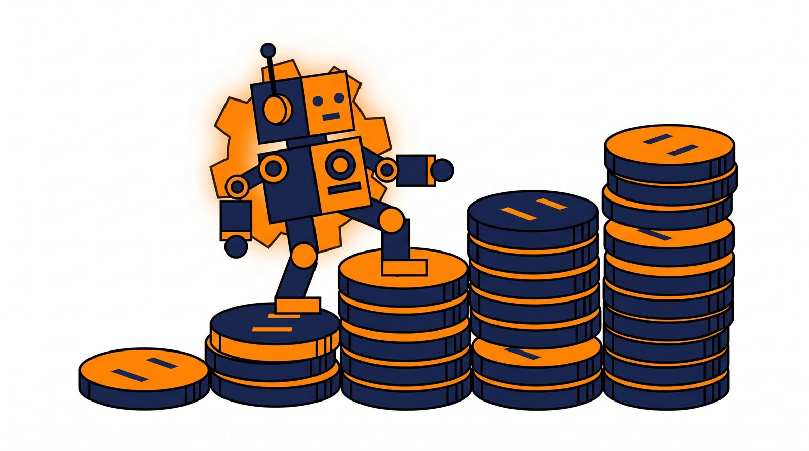 Editorial 3D illustration of a small glowing gear climbing a staircase made of coins, representing an ad system learning from each enquiry