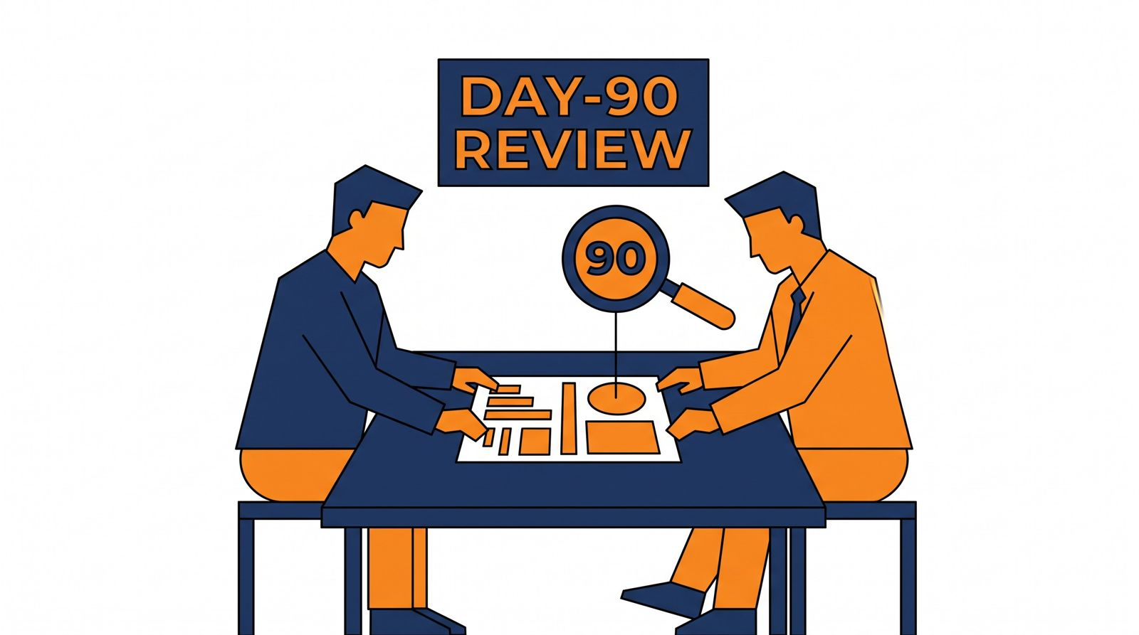 Editorial 3D illustration of a business owner and a consultant reviewing a monthly report with a magnifying glass over the lead count