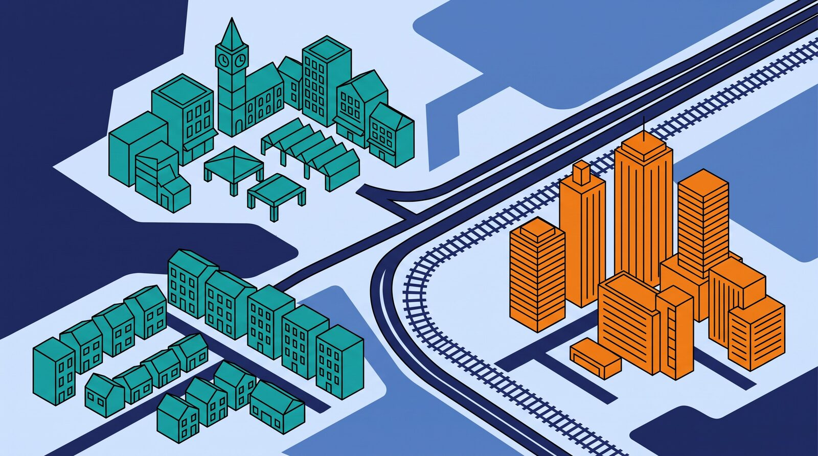 Editorial 3D illustration of three separate glowing clusters of buildings on a stylised map, connected by a motorway and a railway line