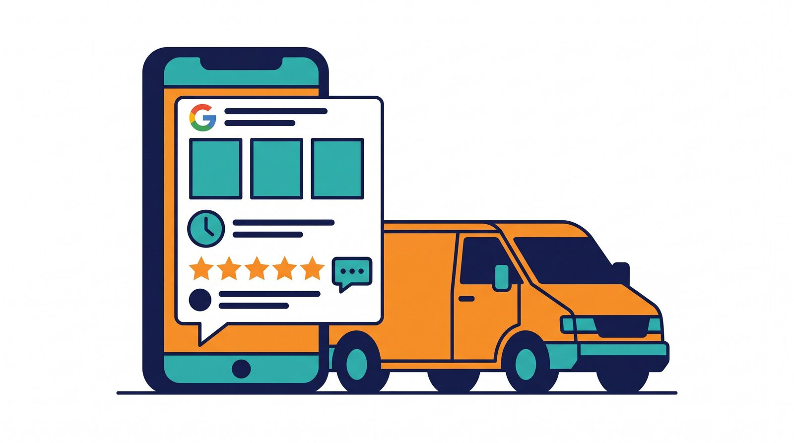 Editorial 3D illustration of a smartphone showing a business profile card with photos, a five-star rating and a reply bubble, beside a tradesperson's van