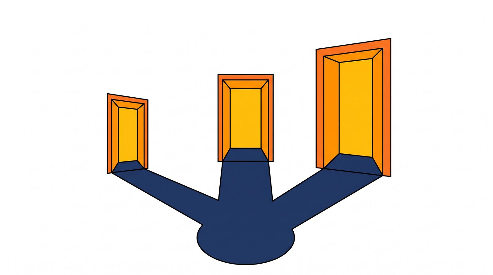Editorial 3D illustration of three glowing doors of different sizes representing a mobile website, a web app and a native phone app