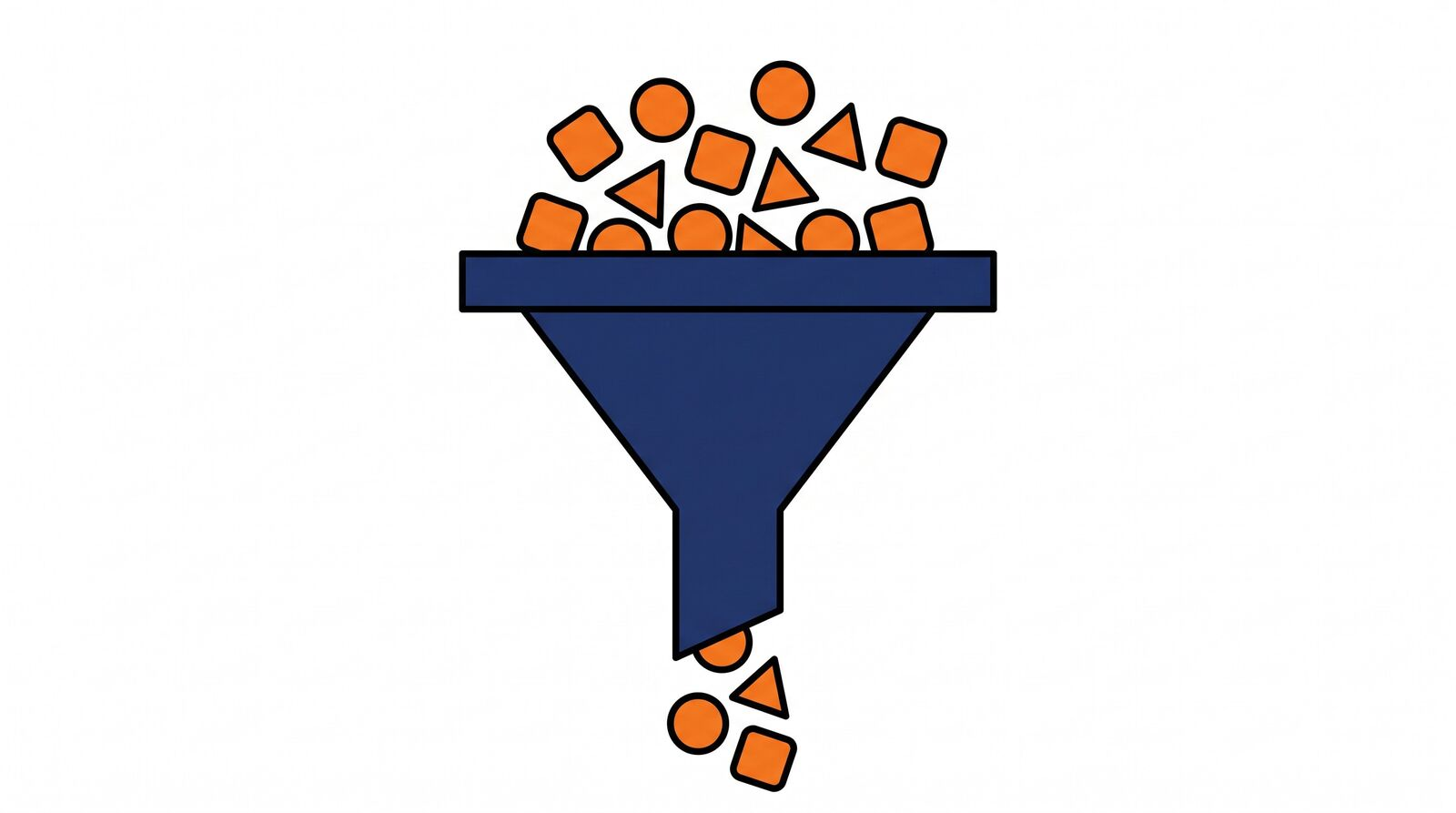Editorial 3D illustration of a funnel where many small app icons fall in at the top and only a few reach the bottom